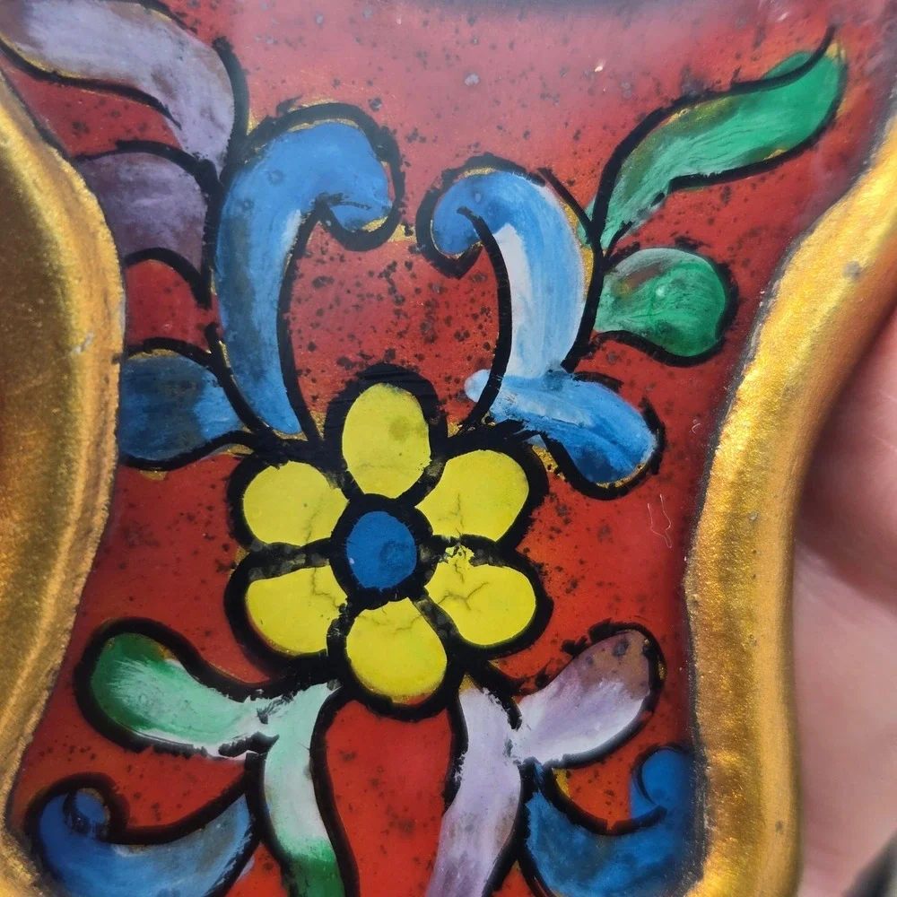 Vintage Peruvian Folk Art Hand Mirror Wood Painted Floral Gold Gilt Cusco Style